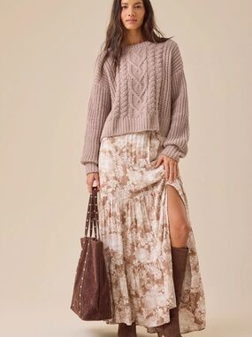 Altar'd State Taupe and White Floral Tiered Maxi Skirt